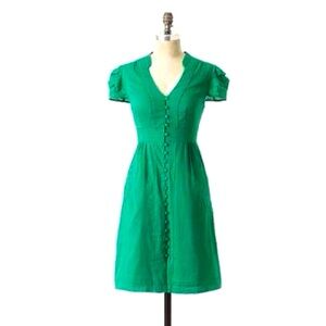 Maeve S dress anthropology green cap sleeve pin stripe button down pretty casual